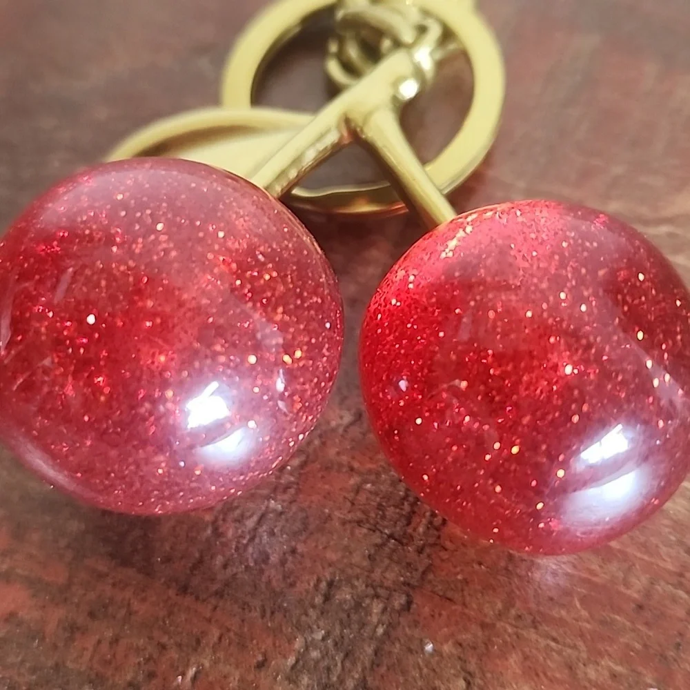 Gold Red Sparkle Gold Cherries Cherry Purse Charm Key Chain NEW